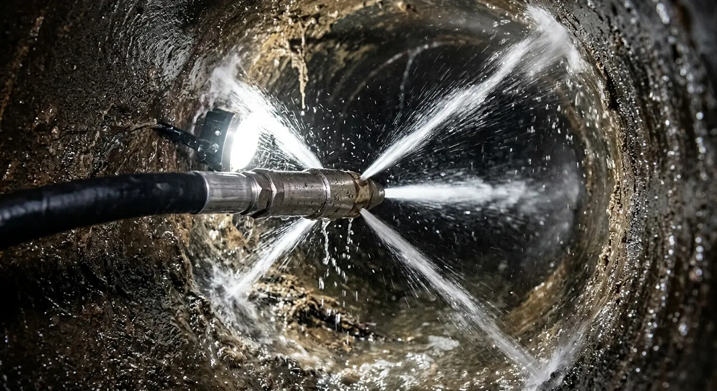 High-pressure hydro jetting nozzle cleaning sewer pipe for Trenchless Sewer Repair in Southampton
