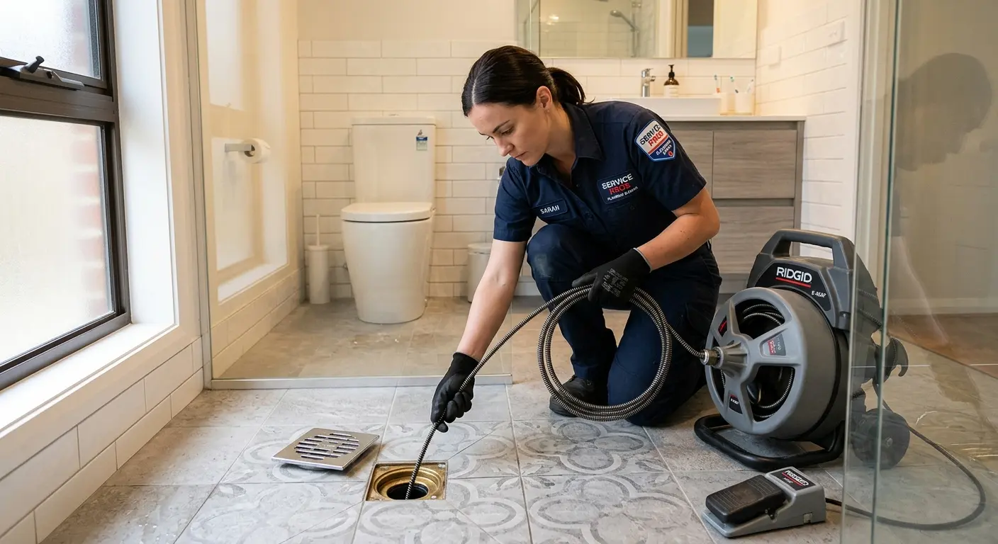 Technician clearing a bathroom floor drain for Sewer Line Replacement in Southampton